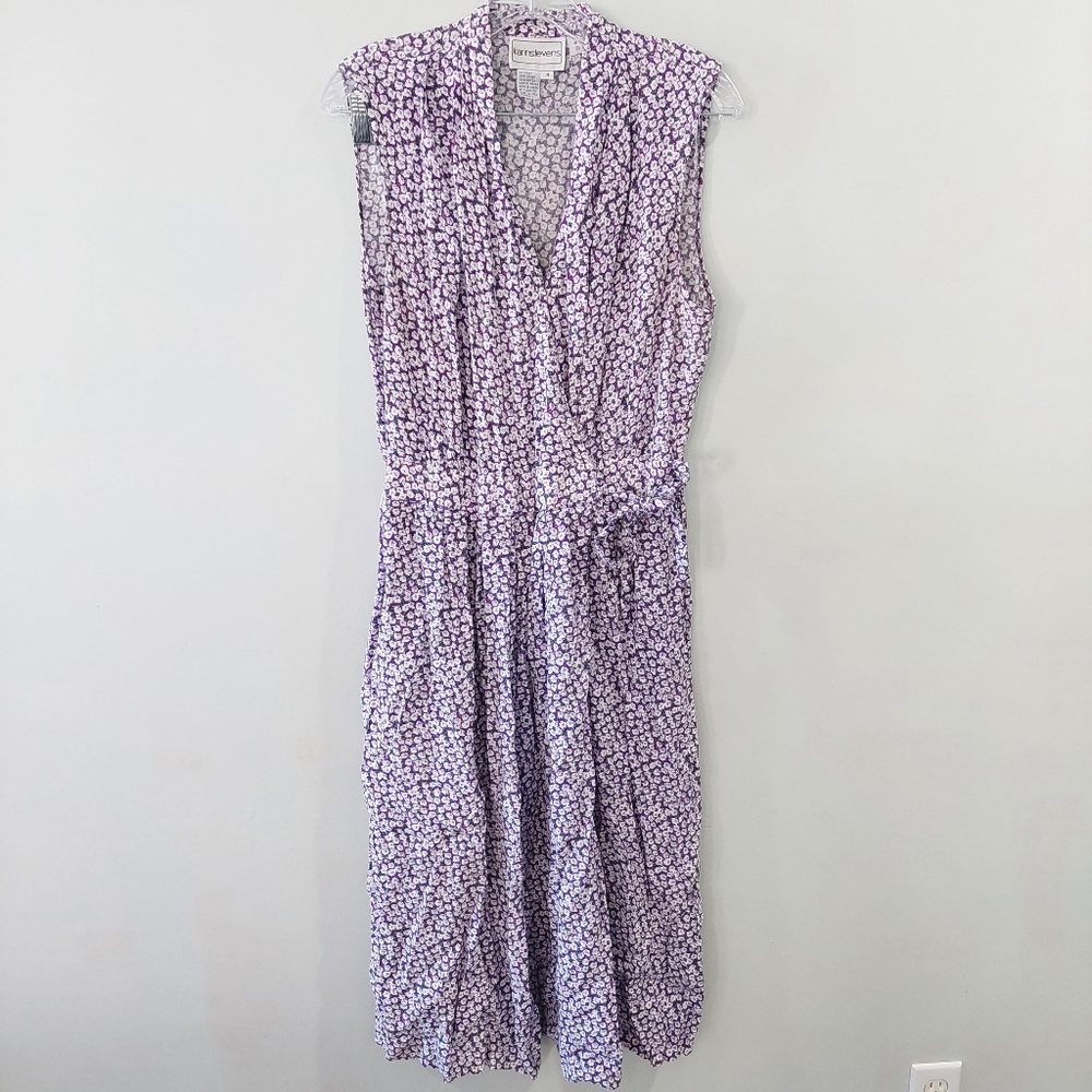 Karin Stevens vintage midi dress size 14 purple white floral v-neck sleeveless